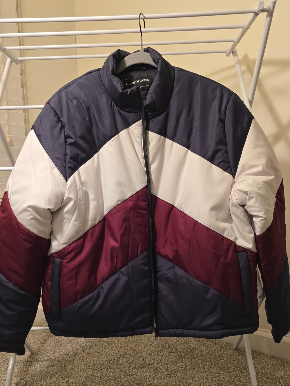 Womens Colorblock Puffer Jacket - Navy, White & Burgundy